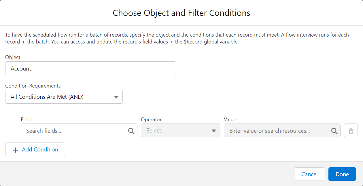 A screenshot of the Start element Entry Criteria.